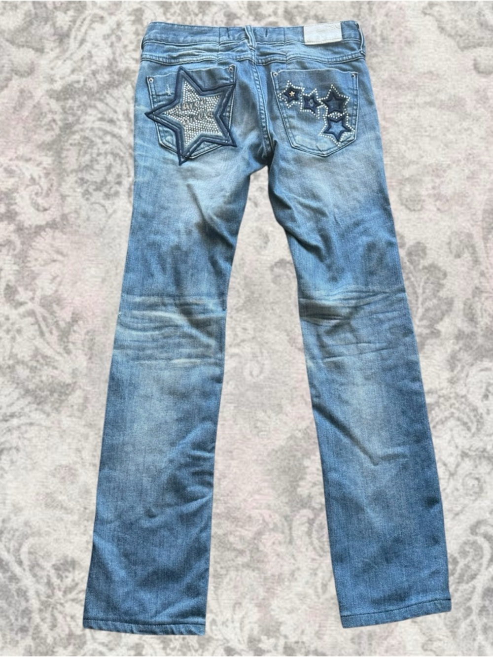 Blue Low-Rise Y2K 2000s Denim Rhinestone Women’s 28 Jeans with Star Embroidery